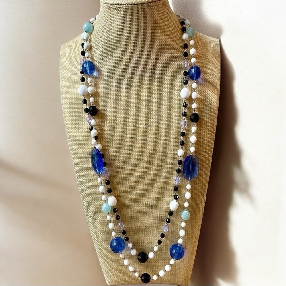 Vintage Joan Rivers Blue White & Black Beaded Double Strand Silver Necklace